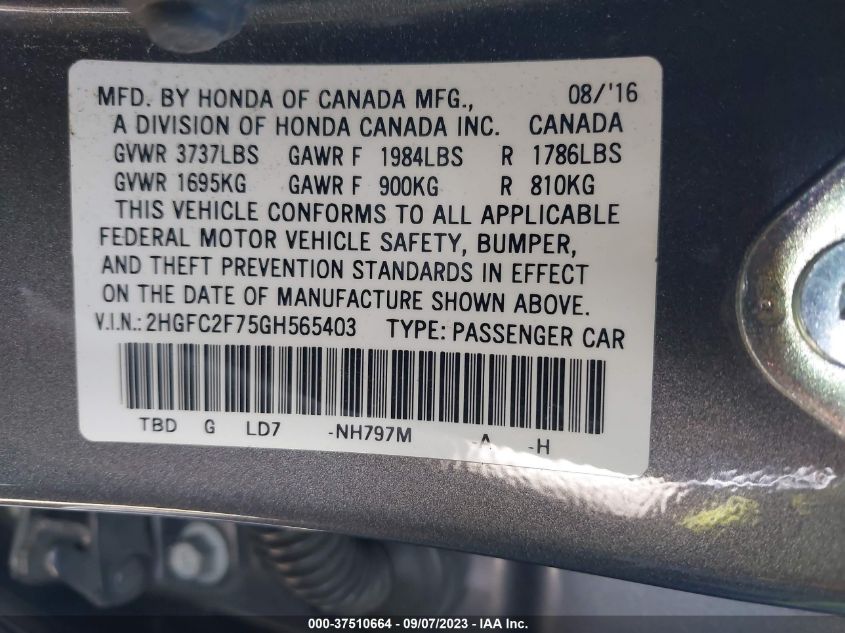 2016 HONDA CIVIC SEDAN EX - 2HGFC2F75GH565403