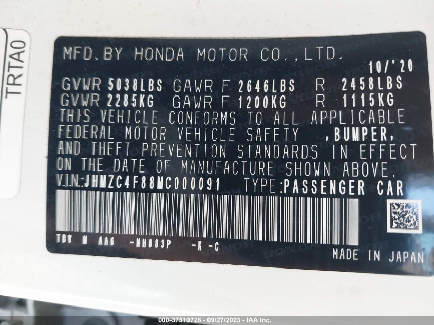 2021 HONDA CLARITY FUEL CELL JHMZC4F88MC000091