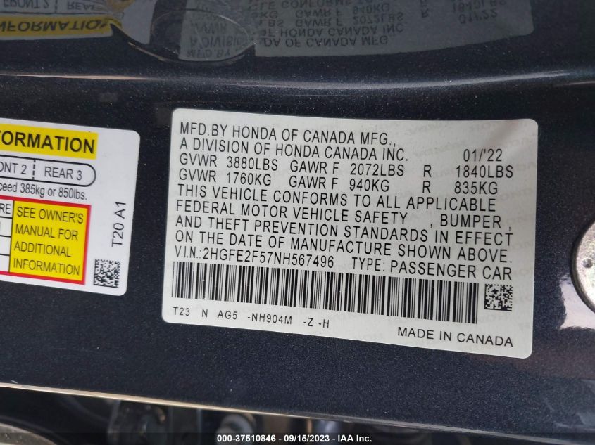 2HGFE2F57NH567496 Honda Civic Sedan SPORT 9