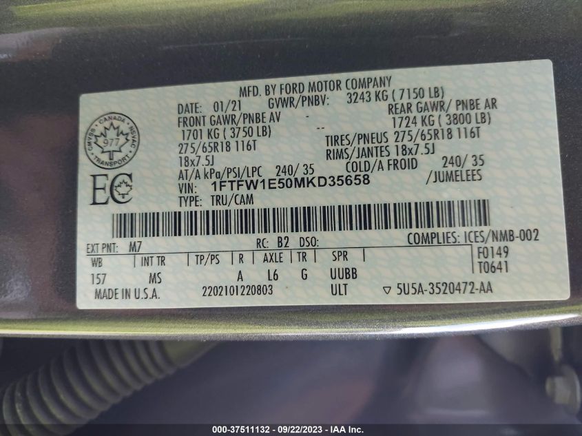 2021 FORD F-150 XL/XLT/LARIAT - 1FTFW1E50MKD35658