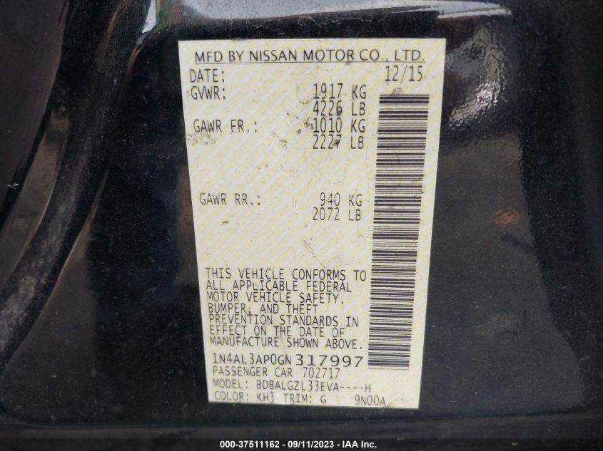 2016 NISSAN ALTIMA 2.5/S/SV/SL/SR - 1N4AL3AP0GN317997