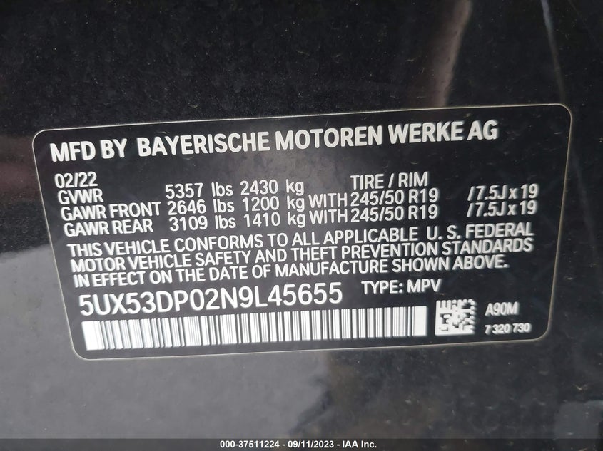 VIN 5UX53DP02N9L45655 2022 BMW X3 XDRIVE30I