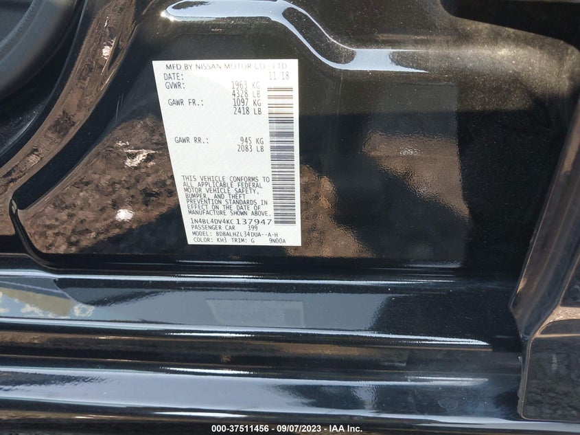 VIN 1N4BL4DV4KC137947 2019 NISSAN ALTIMA 2.5 SV
