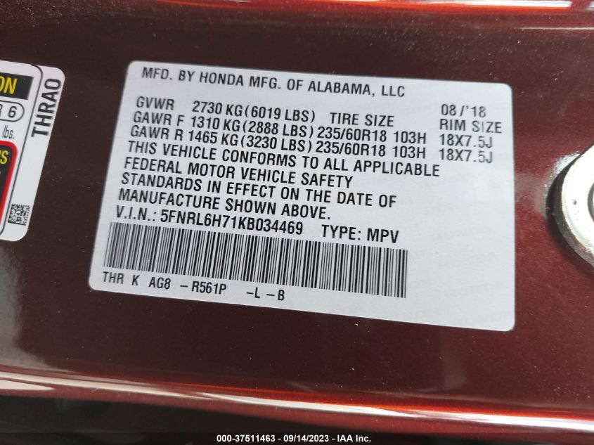 2019 HONDA ODYSSEY EX-L - 5FNRL6H71KB034469