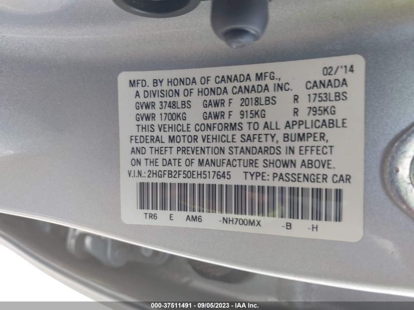 2014 HONDA CIVIC LX - 2HGFB2F50EH517645