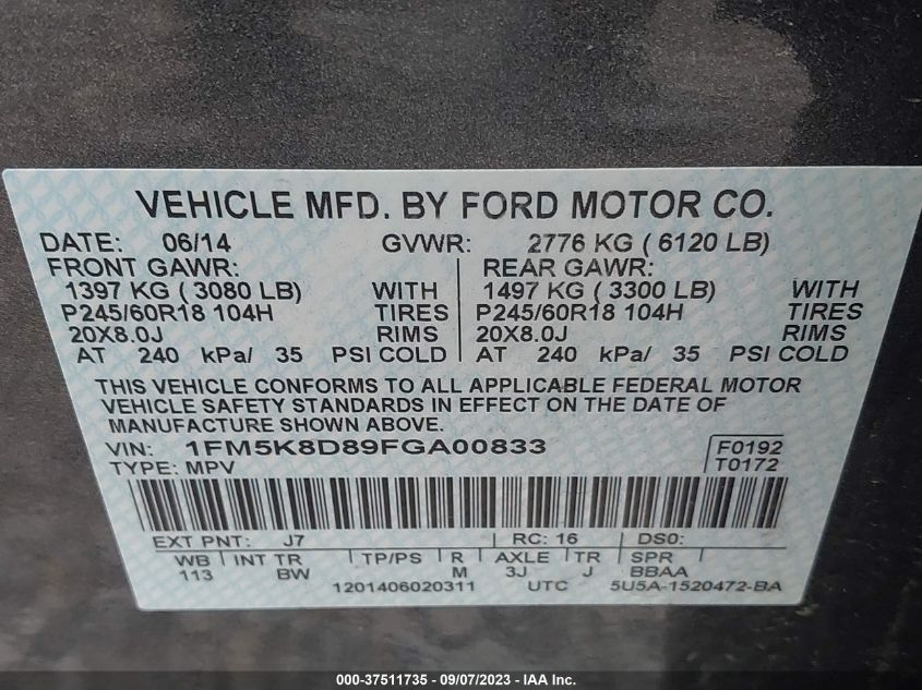2015 FORD EXPLORER XLT 1FM5K8D89FGA00833