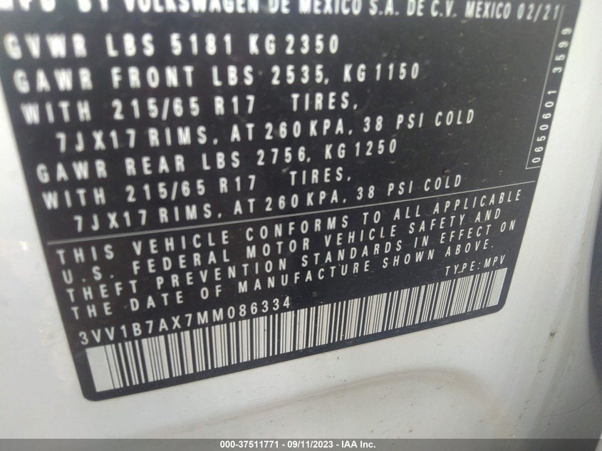 VIN 3VV1B7AX7MM086334 2021 VOLKSWAGEN TIGUAN S