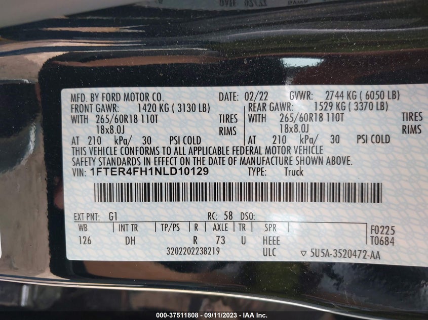 VIN 1FTER4FH1NLD10129 2022 FORD RANGER XL/XLT/LARIAT
