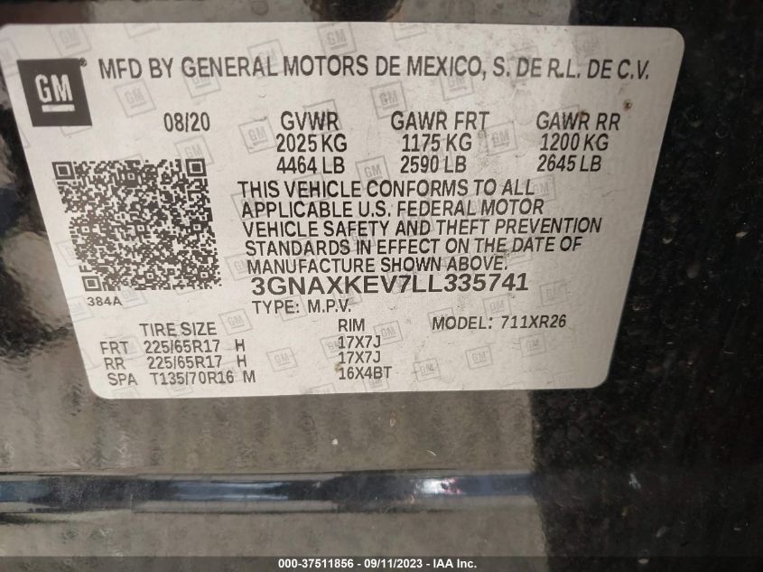 VIN 3GNAXKEV7LL335741 2020 CHEVROLET EQUINOX LT