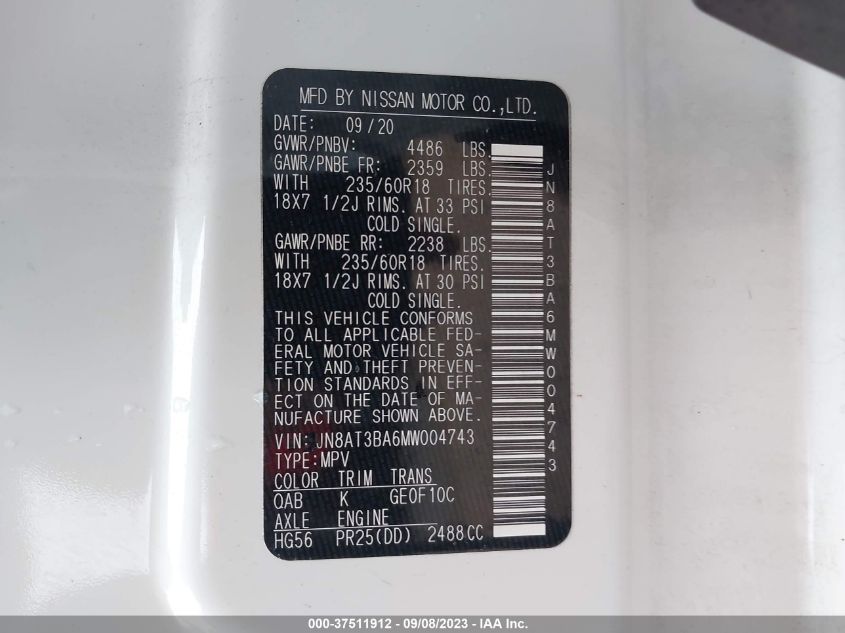 2021 NISSAN ROGUE SV - JN8AT3BA6MW004743