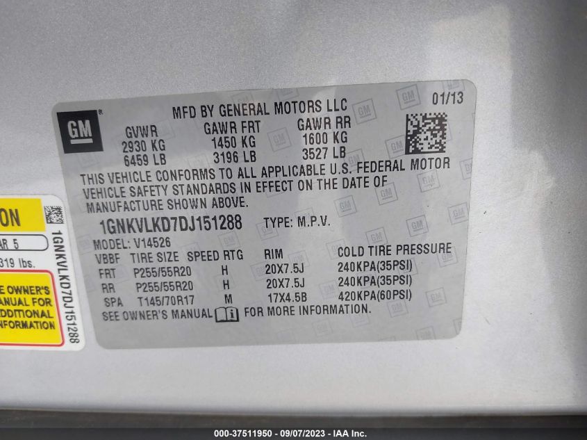 2013 CHEVROLET TRAVERSE LTZ - 1GNKVLKD7DJ151288