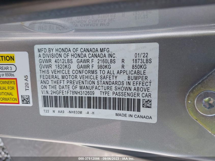 2HGFE1F78NH312609 Honda Civic Sedan EX 9