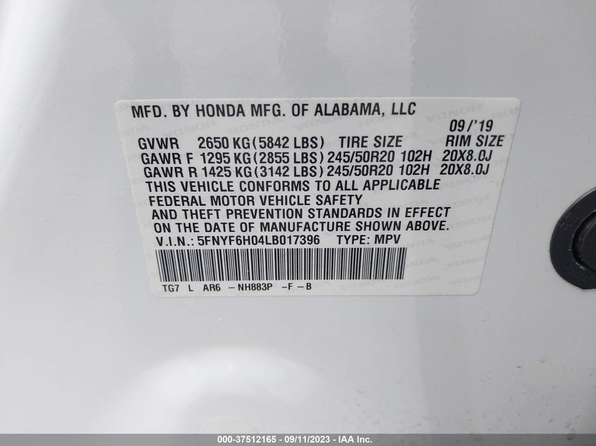 VIN 5FNYF6H04LB017396 2020 HONDA PILOT ELITE