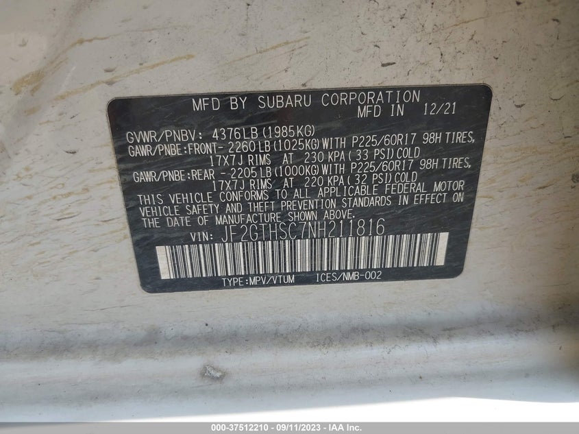 VIN JF2GTHSC7NH211816 2022 SUBARU CROSSTREK SPORT