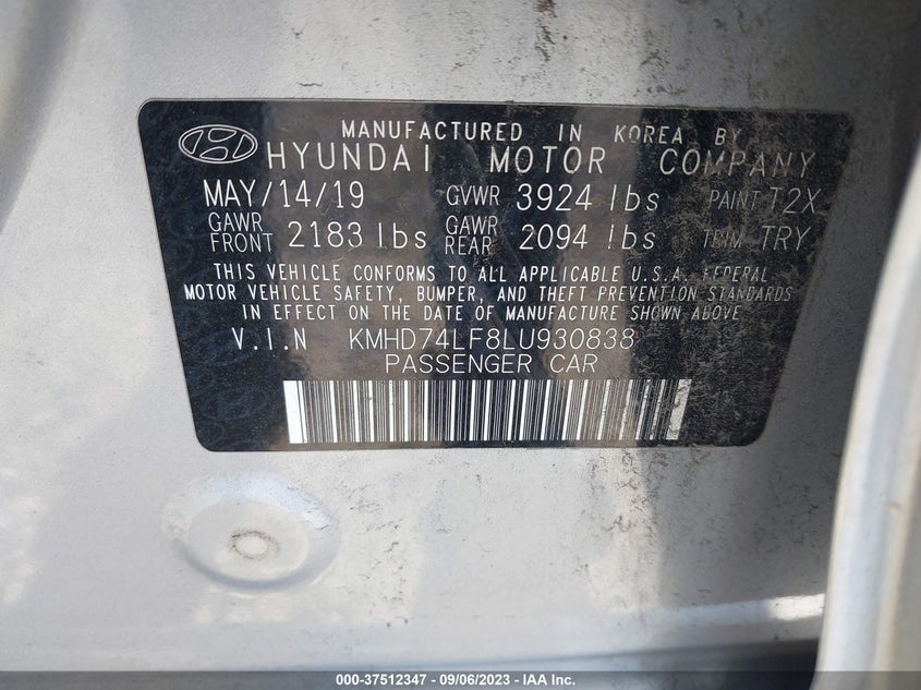 VIN KMHD74LF8LU930838 2020 HYUNDAI ELANTRA SE