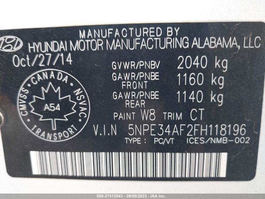2015 HYUNDAI SONATA 2.4L SPORT TECH - 5NPE34AF2FH118196