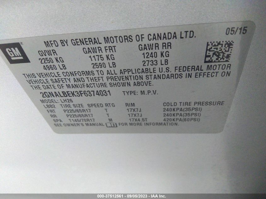 2015 CHEVROLET EQUINOX LT - 2GNALBEK3F6374031