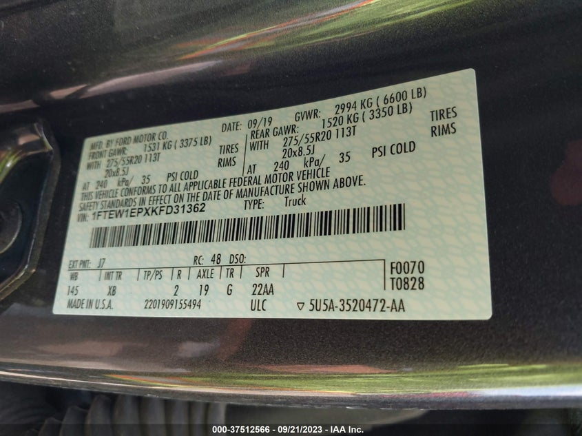 VIN 1FTEW1EPXKFD31362 2019 FORD F-150 XL/XLT/LARIAT