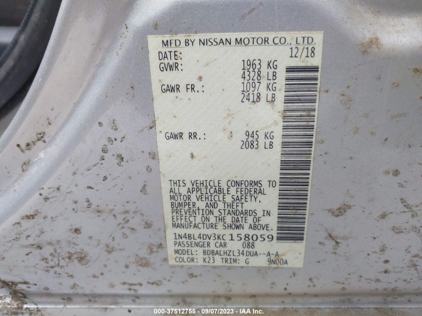 2019 NISSAN ALTIMA SV - 1N4BL4DV3KC158059
