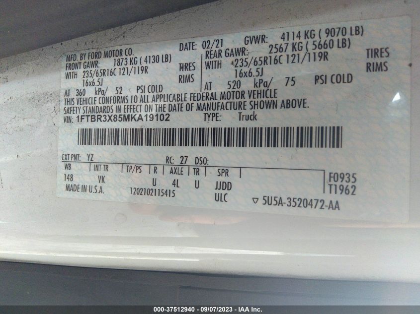2021 FORD TRANSIT CARGO VAN - 1FTBR3X85MKA19102
