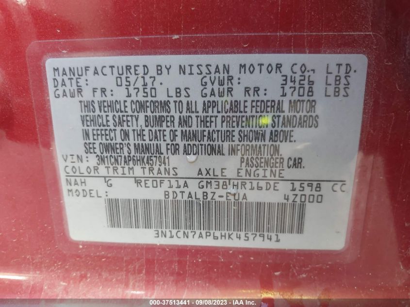 2017 NISSAN VERSA SEDAN SV 3N1CN7AP6HK457941