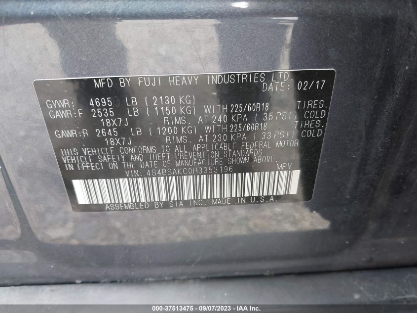 2017 SUBARU OUTBACK 2.5I LIMITED - 4S4BSAKC0H3353196