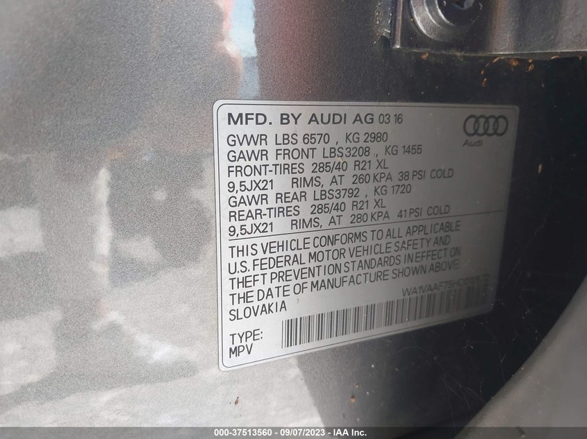 VIN WA1VAAF75HD010972 2017 AUDI Q7 PRESTIGE