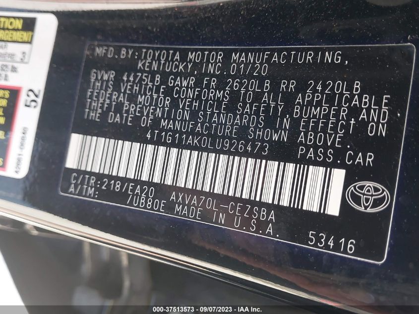 2020 TOYOTA CAMRY SE/SE NIGHT SHADE - 4T1G11AK0LU926473