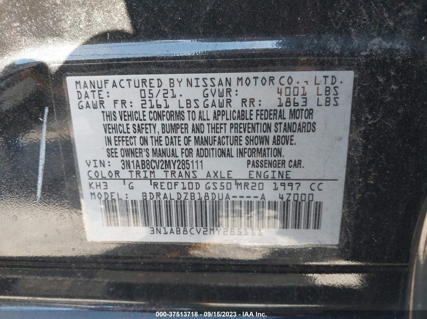 VIN 3N1AB8CV2MY285111 2021 NISSAN SENTRA SV