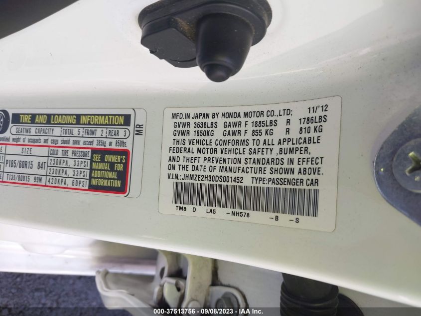 2013 HONDA INSIGHT - JHMZE2H30DS001452