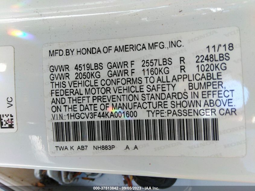 VIN 1HGCV3F44KA001600 2019 HONDA ACCORD HYBRID EX
