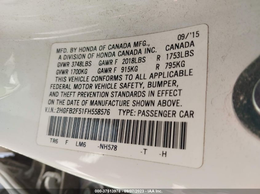 2015 HONDA CIVIC SEDAN LX - 2HGFB2F51FH558576