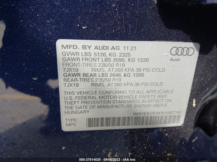 WA1EECF3XN1062740 Audi Q3 2022. Фото: 8