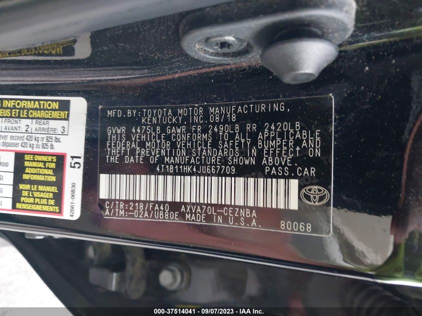 2018 TOYOTA CAMRY LE/SE/XLE/L - 4T1B11HK4JU667709