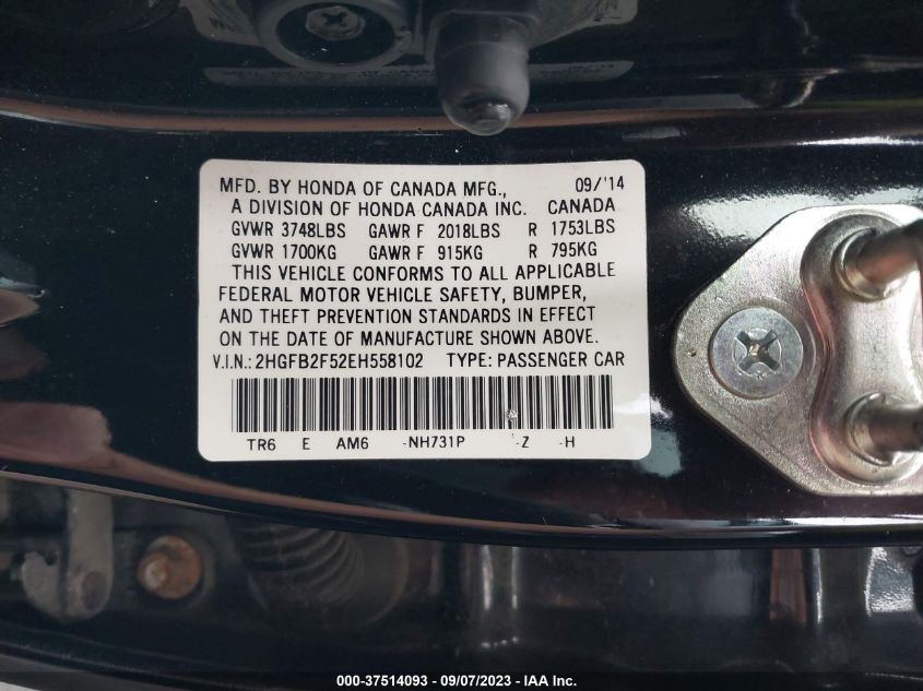 2014 HONDA CIVIC SEDAN LX - 2HGFB2F52EH558102