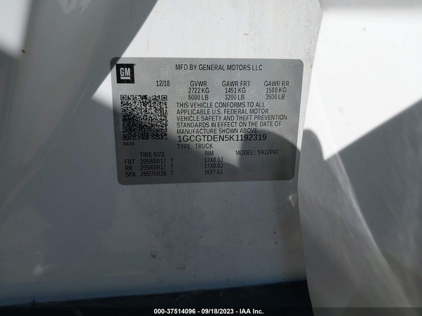 VIN 1GCGTDEN5K1192319 2019 CHEVROLET COLORADO 4WD Z71