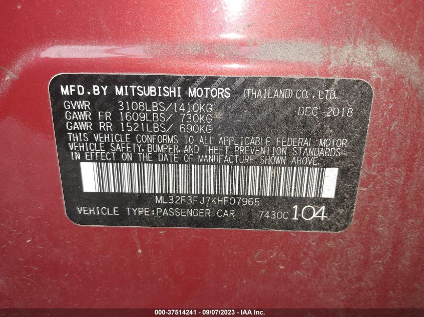 2019 MITSUBISHI MIRAGE G4 ES/RF - ML32F3FJ7KHF07965