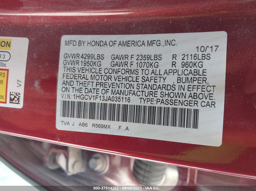 VIN 1HGCV1F13JA035116 2018 HONDA ACCORD SEDAN LX 1.5T