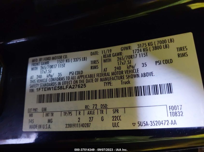 2020 FORD F-150 XL/XLT/LARIAT - 1FTEW1E58LFA27625