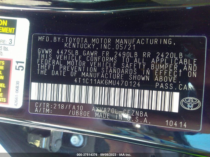 2021 TOYOTA CAMRY LE - 4T1C11AK6MU470124