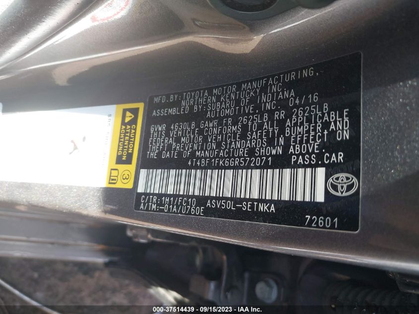 2016 TOYOTA CAMRY XLE/SE/LE/XSE - 4T4BF1FK6GR572071
