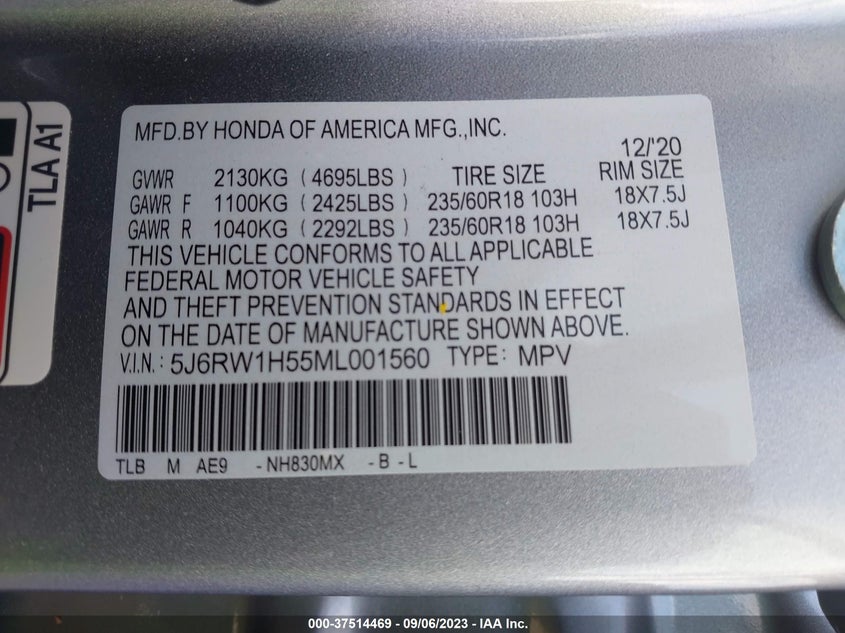 VIN 5J6RW1H55ML001560 2021 HONDA CR-V EX