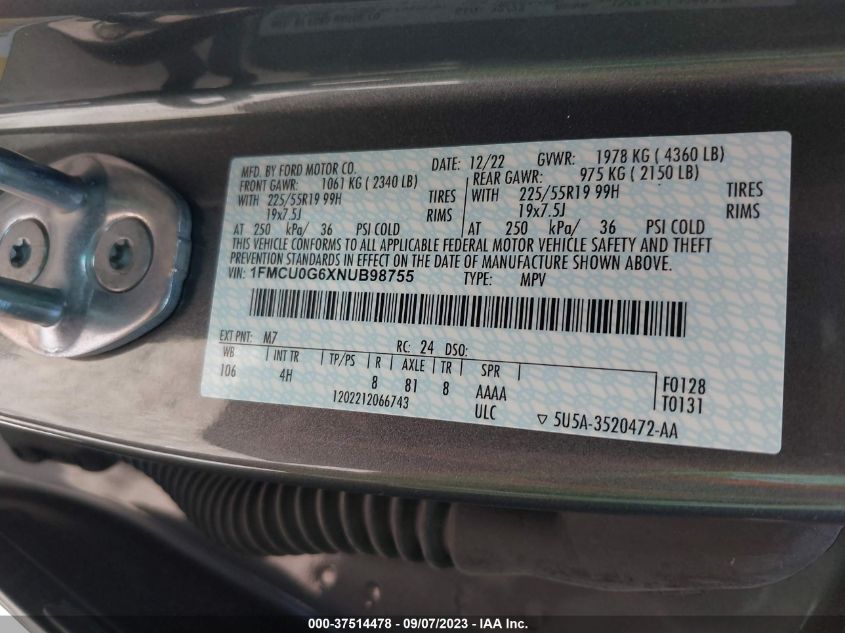 2022 FORD ESCAPE SE - 1FMCU0G6XNUB98755