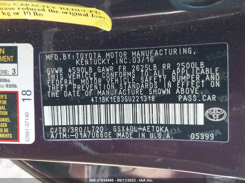 2016 TOYOTA AVALON LIMITED/TOURING/XLE - 4T1BK1EB3GU221318