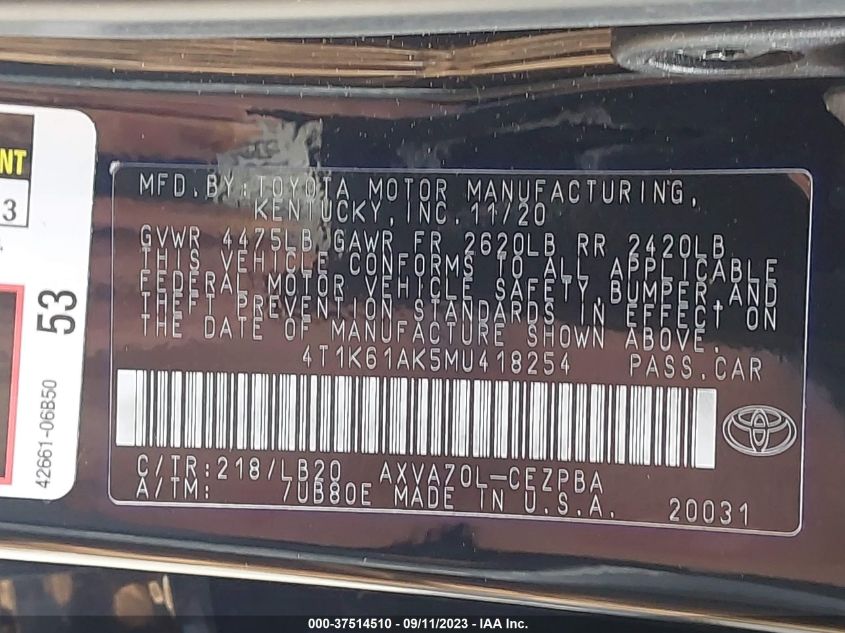 2021 TOYOTA CAMRY XSE - 4T1K61AK5MU418254