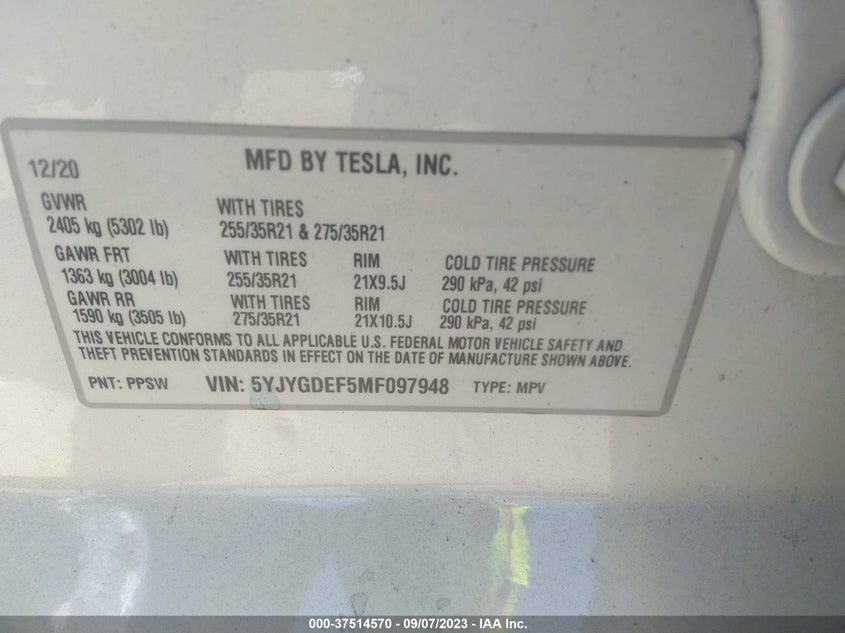 VIN 5YJYGDEF5MF097948 2021 TESLA MODEL Y