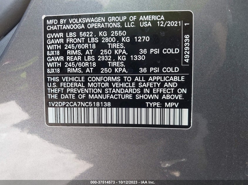 VIN 1V2DP2CA7NC518138 2022 VOLKSWAGEN ATLAS SE