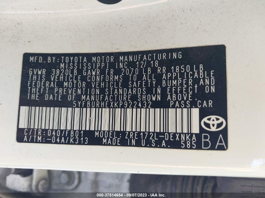 2019 TOYOTA COROLLA L/LE/SE/XLE/XSE - 5YFBURHEXKP922432