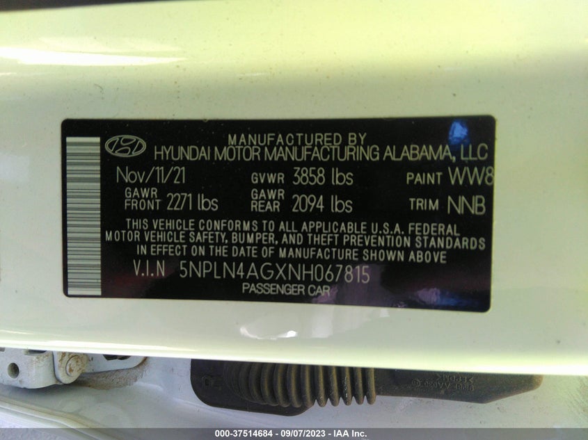 VIN 5NPLN4AGXNH067815 2022 HYUNDAI ELANTRA SEL