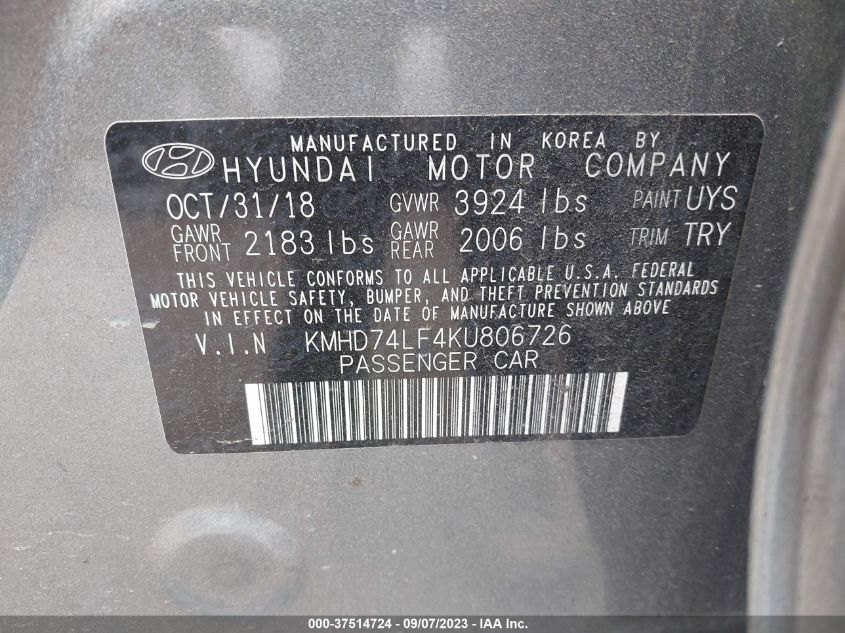 2019 HYUNDAI ELANTRA SE - KMHD74LF4KU806726